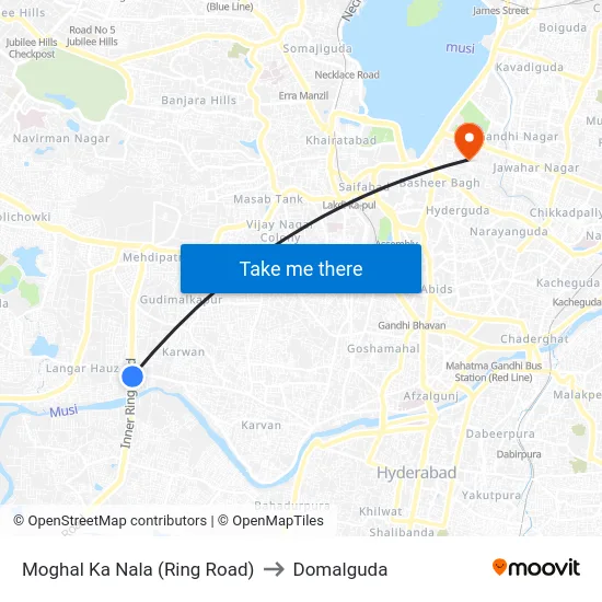 Moghal Ka Nala (Ring Road) to Domalguda map