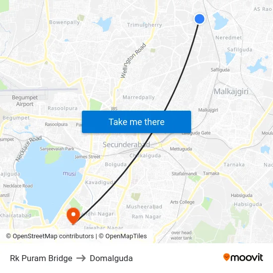 Rk Puram Bridge to Domalguda map