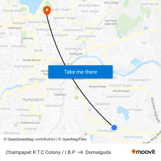 Champapet R.T.C Colony / I.B.P to Domalguda map