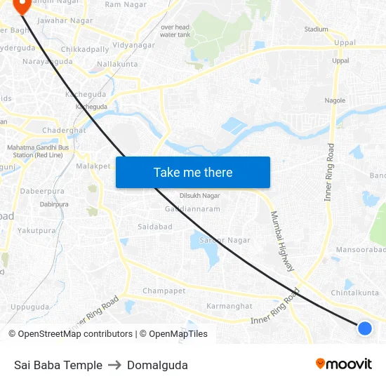 Sai Baba Temple to Domalguda map