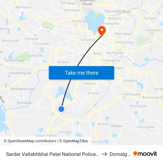 Sardar Vallabhbhai Patel National Police Academy to Domalguda map