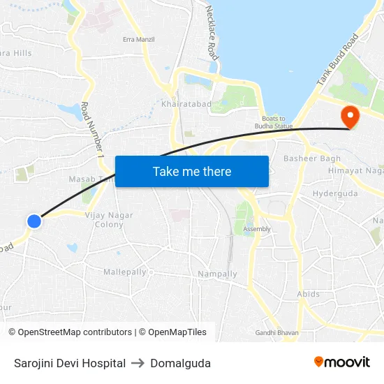Sarojini Devi Hospital to Domalguda map