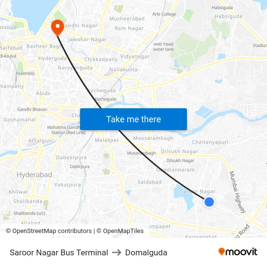 Saroor Nagar Bus Terminal to Domalguda map