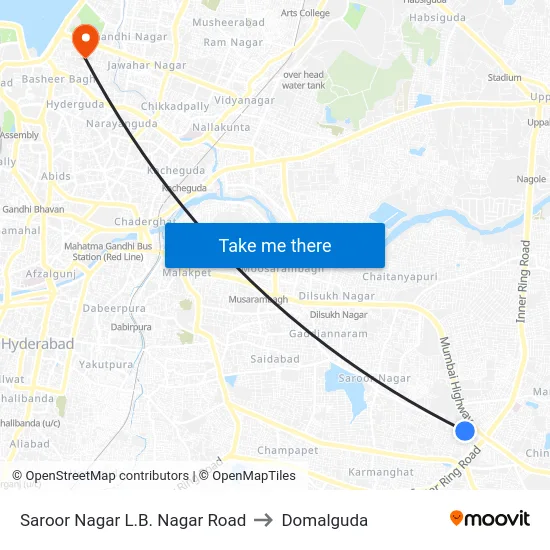 Saroor Nagar L.B. Nagar Road to Domalguda map