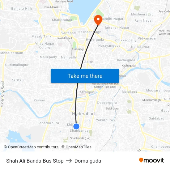 Shah Ali Banda Bus Stop to Domalguda map