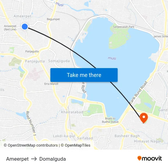 Ameerpet to Domalguda map