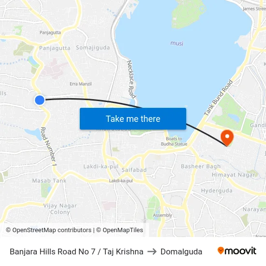 Banjara Hills Road No 7 / Taj Krishna to Domalguda map