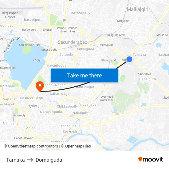 Tarnaka to Domalguda map