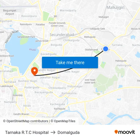 Tarnaka R.T.C Hospital to Domalguda map