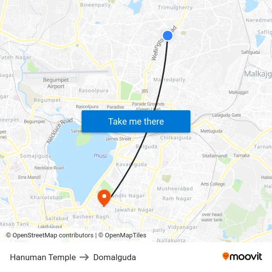Hanuman Temple to Domalguda map