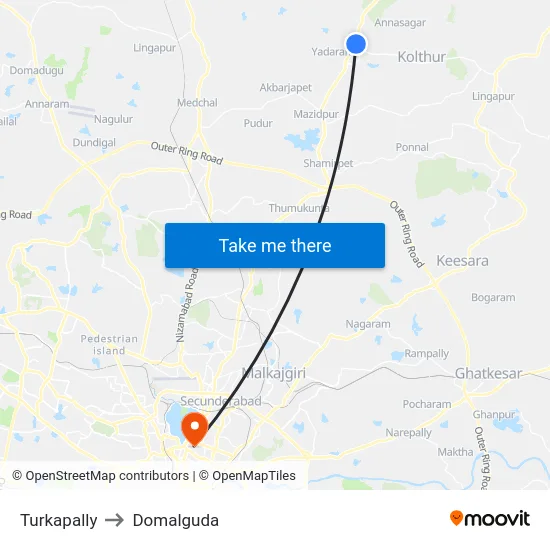 Turkapally to Domalguda map