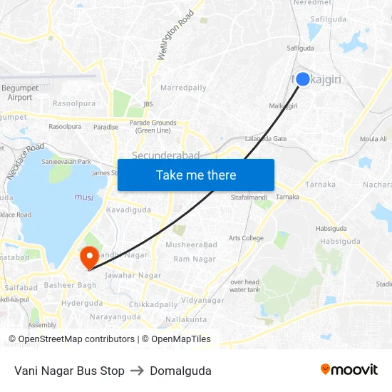 Vani Nagar Bus Stop to Domalguda map