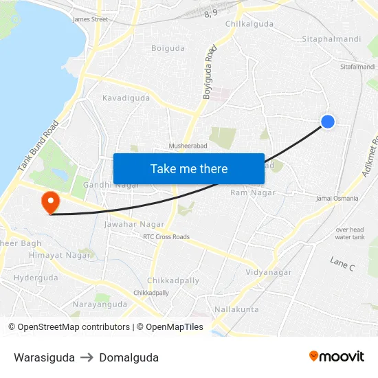 Warasiguda to Domalguda map
