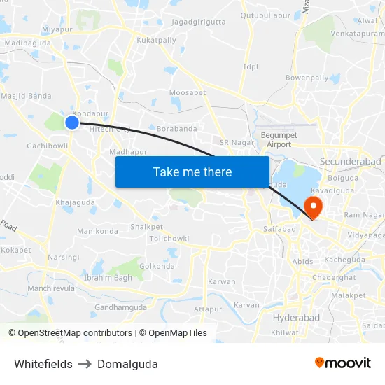 Whitefields to Domalguda map