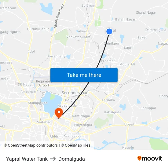 Yapral Water Tank to Domalguda map