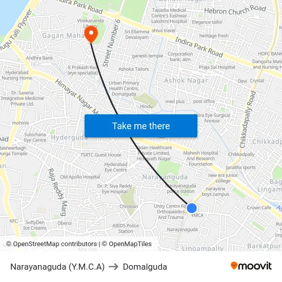 Narayanaguda (Y.M.C.A) to Domalguda map