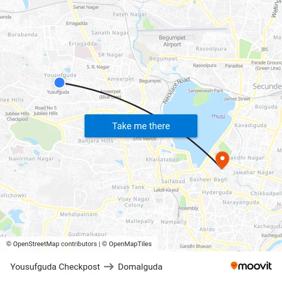 Yousufguda Checkpost to Domalguda map