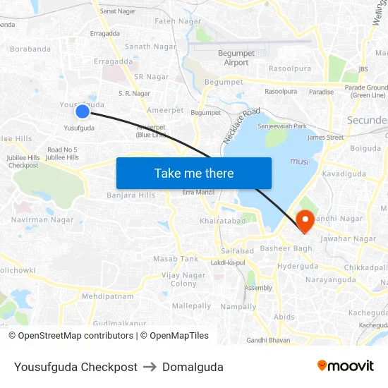 Yousufguda Checkpost to Domalguda map