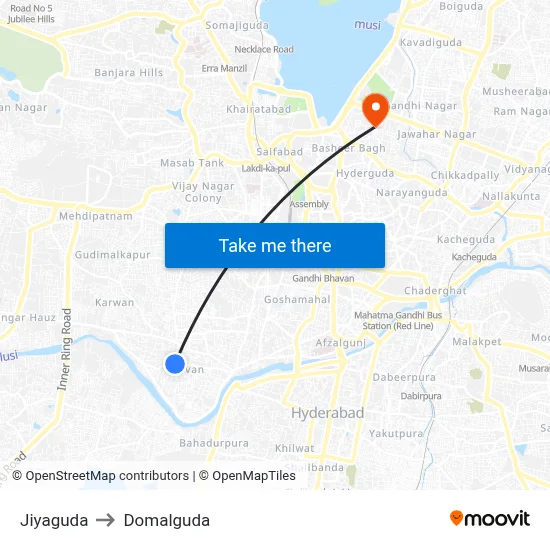 Jiyaguda to Domalguda map