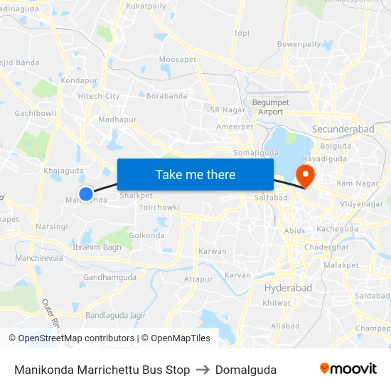 Manikonda Marrichettu Bus Stop to Domalguda map