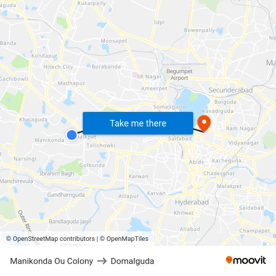 Manikonda Ou Colony to Domalguda map