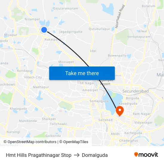 Hmt Hills Pragathinagar Stop to Domalguda map