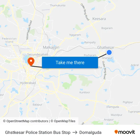Ghstkesar Police Station Bus Stop to Domalguda map