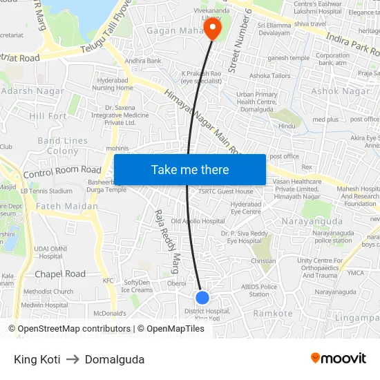 King Koti to Domalguda map