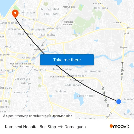 Kamineni Hospital Bus Stop to Domalguda map