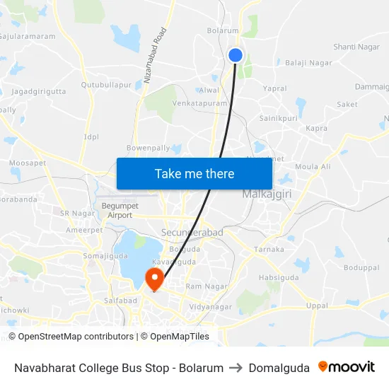 Navabharat College Bus Stop - Bolarum to Domalguda map