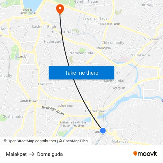 Malakpet to Domalguda map