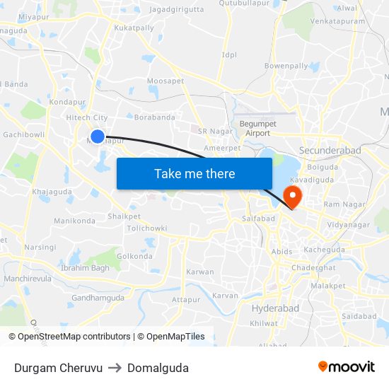 Durgam Cheruvu to Domalguda map