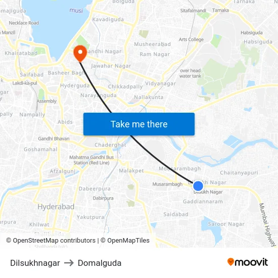 Dilsukhnagar to Domalguda map