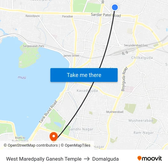 West Maredpally Ganesh Temple to Domalguda map