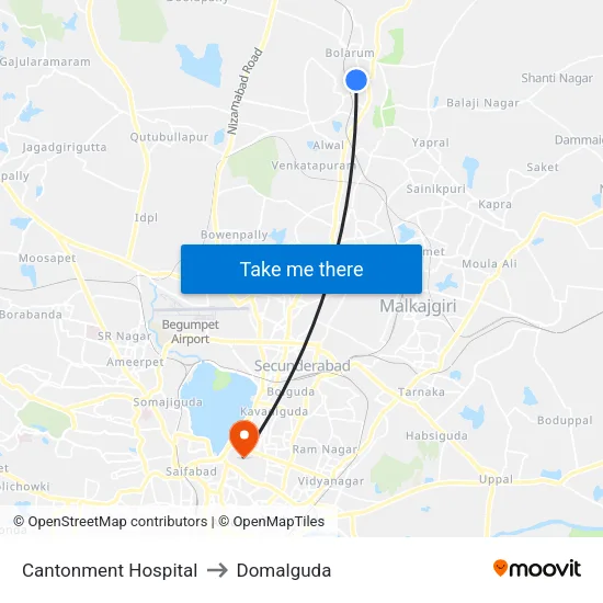 Cantonment Hospital to Domalguda map