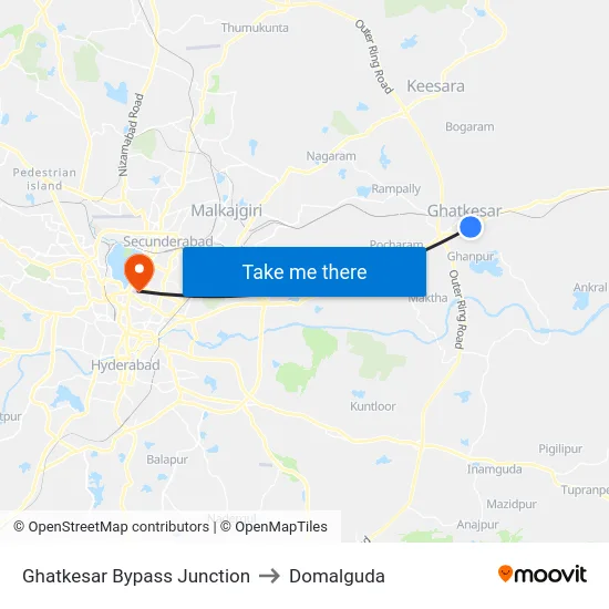 Ghatkesar Bypass Junction to Domalguda map