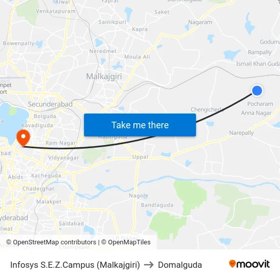 Infosys S.E.Z.Campus (Malkajgiri) to Domalguda map