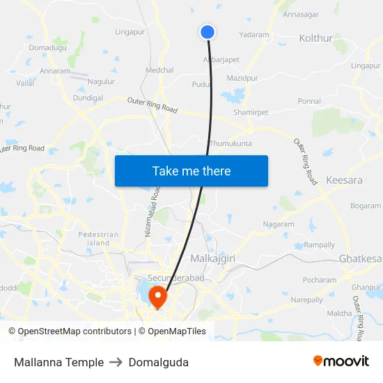 Mallanna Temple to Domalguda map