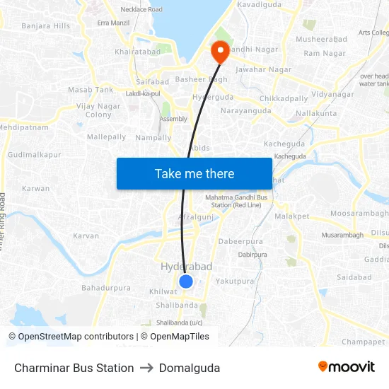 Charminar Bus Station to Domalguda map