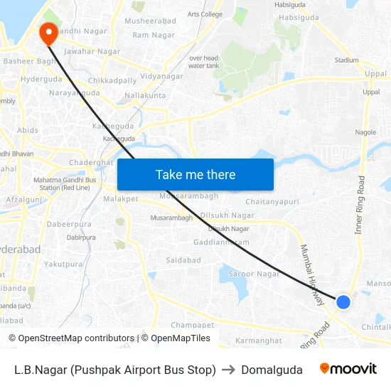 L.B.Nagar (Pushpak Airport Bus Stop) to Domalguda map