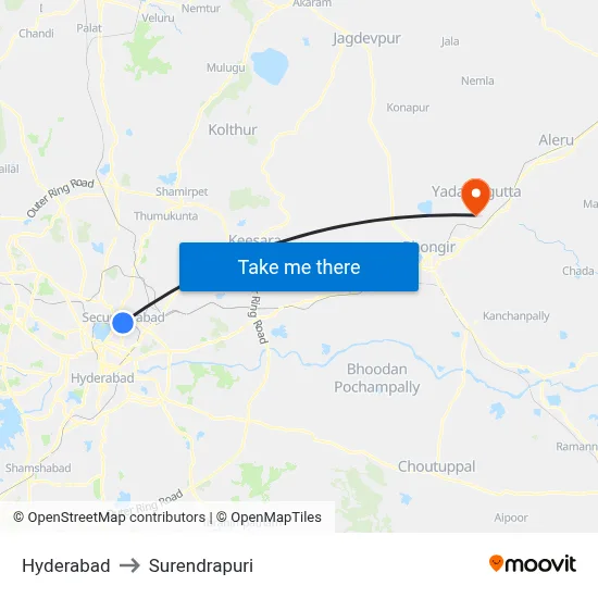 Hyderabad to Surendrapuri map