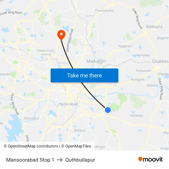 Mansoorabad Stop 1 to Quthbullapur map