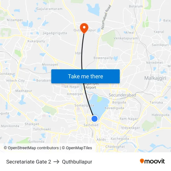 Secretariate Gate 2 to Quthbullapur map