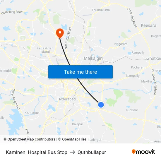 Kamineni Hospital Bus Stop to Quthbullapur map
