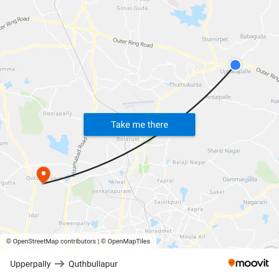 Upperpally to Quthbullapur map