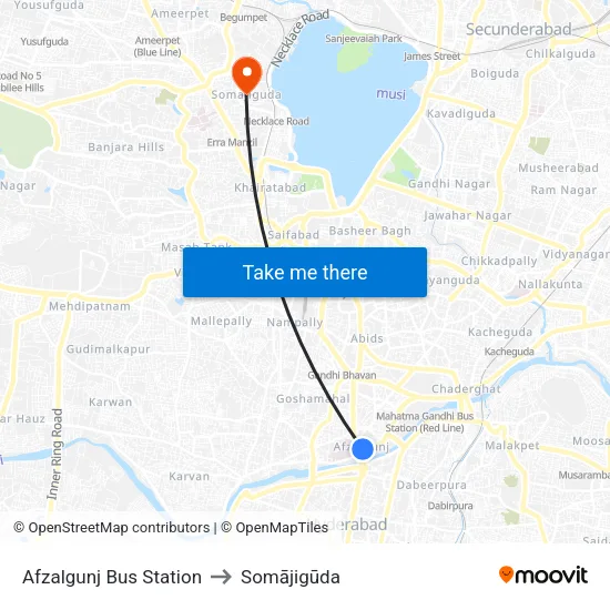 Afzalgunj Bus Station to Somājigūda map