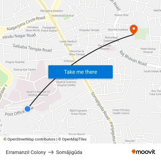 Erramanzil Colony to Somājigūda map