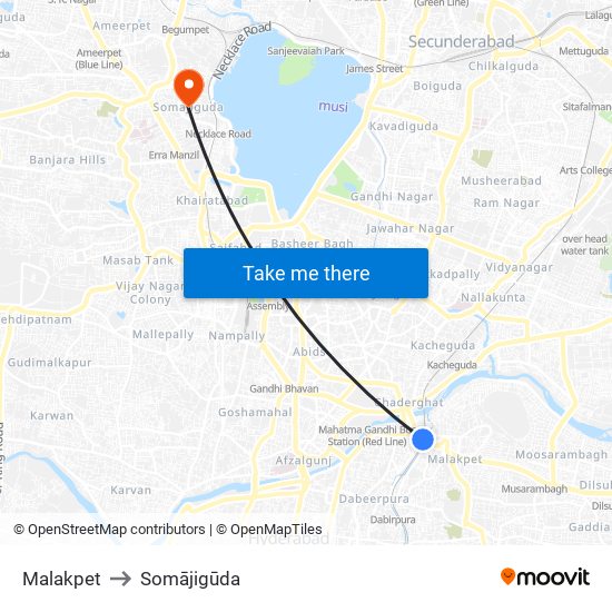 Malakpet to Somājigūda map