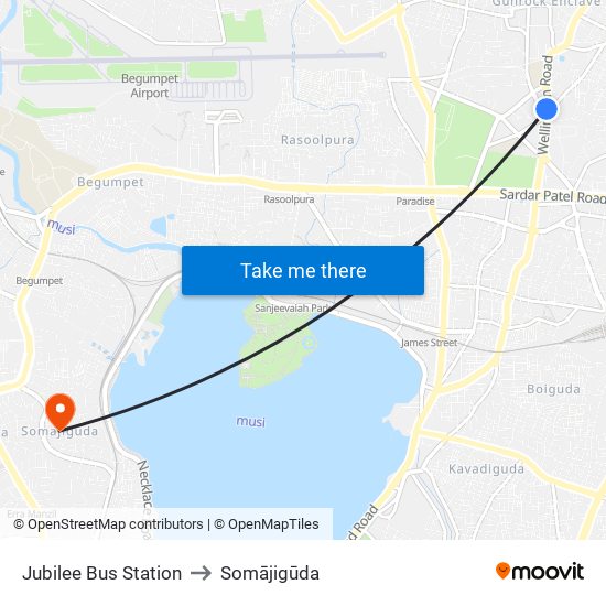 Jubilee Bus Station to Somājigūda map