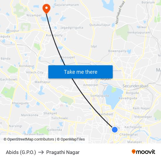 Abids (G.P.O.) to Pragathi Nagar map